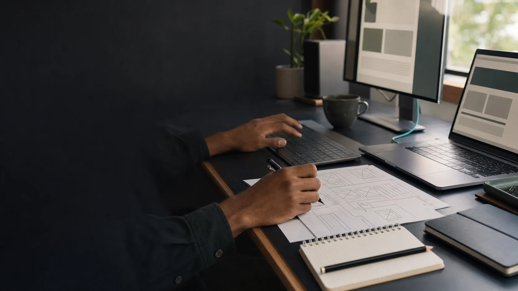 Hands sketching website wireframes in a focused studio workspace