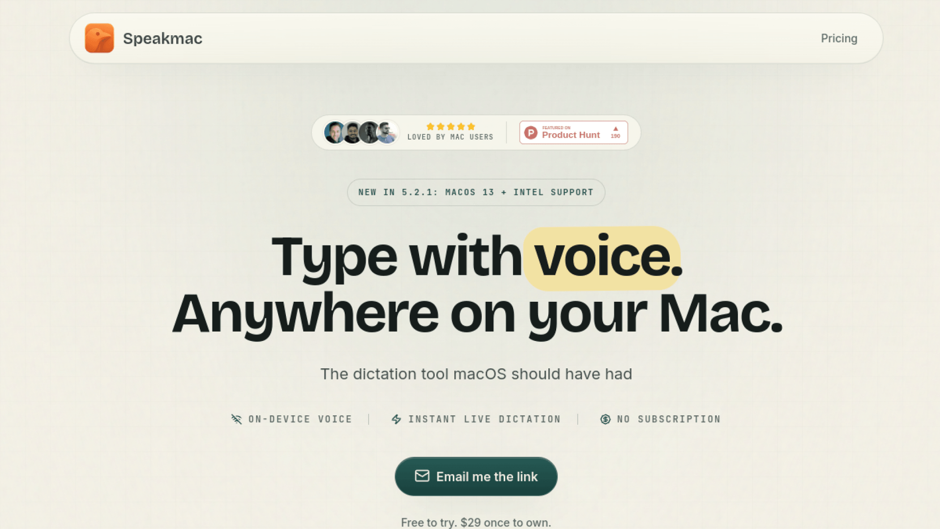 SpeakMac for Mac product website with its voice typing proposition
